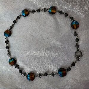 Necklace Dichroic glass beads brown blue toggle necklace silver black luxe